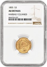 1855 $3 Indian Princess Head Three Dollar Gold NGC AU Details Harshly Cleaned picture