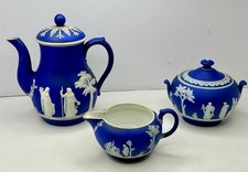 Antique 1880 Wedgwood Cobalt Blue Jasperware Neoclassical Nymphs Scene Tea Set picture