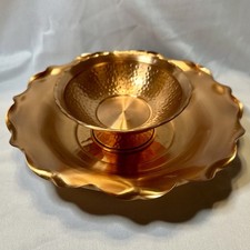 Vintage Made in Utah Hammered Brass / Copper Pedestal Bowl & Scalloped Tray Set picture