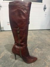 Modern Vintage Lolita Knee High Boots Womens 8.5 EU 38.5 Brown Leather Heel Zip picture