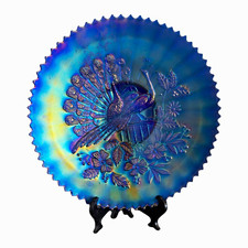 Antique Northwood Peacocks on the Fence Carnival Glass Plate Electric Blue picture