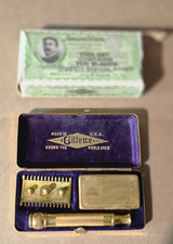 Vintage 1920s Gillette Gold Old Type Razor Set w/ Case & Blade Bank Box Brass picture