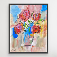 ARivers Abstract Modern Art Red Roses Painting 14x11 Signed Canvas Original picture