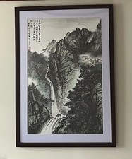 Framed Chinese Traditional Painting, village, waterfall and mountain landscape picture