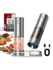 New Elegant Electric Salt Pepper Grinder Set USB Rechargeable LED Light Silver picture