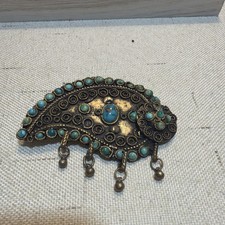 Antique Filigree Persian Turquoise Brooch Pin Victorian Mourning 2.5” picture