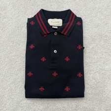 GUCCI Polo Shirt Men's Bee Accent Logo XXL Navy Blue Slim Fit Short Sleeve picture