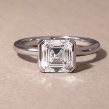 2.57 Ct Asscher Cut Moissanite Half Bezel Engagement Ring 14K White Gold Plated picture