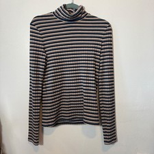 Madewell Ribbed Turtleneck Top Blue Tan Striped Long Sleeve Size Medium picture
