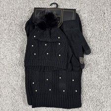 NWT Charlotte Daniel Scarf, Hat, Gloves Set Black With Pearl Accents Women’s  picture