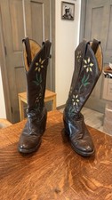 Vintage 1960s Justin Womens 5B Brown Leather Floral Inlay Cowboy Boots USA picture