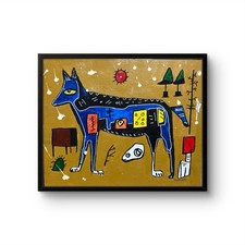 Muriello Original Acrylic 8x10 Folk Blue Wolf Folk Art Painting Signed Canvas picture