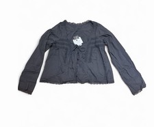 Black Boho Lace Trim Long Sleeve Blouse Tie Front Flowy Peasant Top Large NWT picture