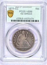 1873-CC NO ARROWS SEATED LIBERTY HALF DOLLAR PCGS VG8 CARSON CITY ORIGINAL COIN picture