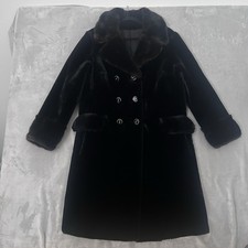 VTG 70s Donnybrook Faux Fur Coat Women L Black Brown Trim Double Breast Mob Wife picture