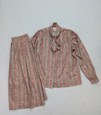 Career Guild Vintage 80s Women's Skirt & Blouse Set Size 14 Pink Green Midi picture