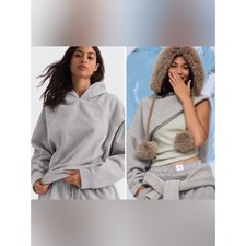 Anthropologie Daily Practice Sparkle-Trim Light Gray Crewneck Hoodie Sweater picture