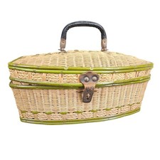 Sewing Basket Antique 19th Century Wicker Green Trim Leather Handle 9.5