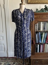 Vintage 1930s 40s Navy Blue White Floral Rayon Day Dress Bias Cut M/L Midi Light picture