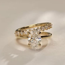 3.30Ct Oval-Cut VS1 Lab Grown Diamond Bridal Engagement Ring Set 14K Yellow Gold picture