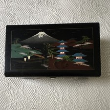 Vintage mid-20th century Japanese Mount Fuji landscape painted mirror interior. picture