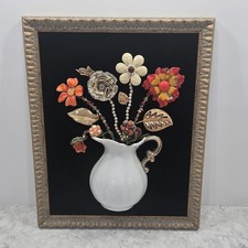 Vintage Framed Jewelry Art Brooch Pin Collage 3D Wall Decor Flowers Vase Pitcher picture