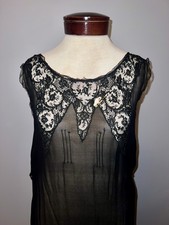 1920s Flapper Dress Black Silk Chiffon Ribbon Rose Lace Tabard Gown Antique picture