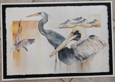 Bob Domke Blue Heron Sanderlings Pel Art Print Poster Beach Ocean Wildlife Bird  picture