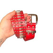 VTG Mudd Red Leather Studded Belt Size ML Silver Hardware Y2K Goth Punk Emo picture