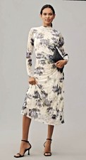 NWT Anthropologie Sarah Hann Iris SOFT MESH RUCHED FLORAL MIDI DRESS WHITE XL picture