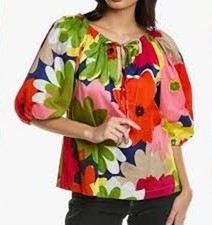 TRINA TURK Top EUC S Cotton Multicolor Floral Peasant Puff Sleeve Boho Preppy picture