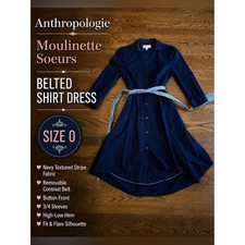 Moulinette Soeurs Anthropologie Navy Shirt Dress Belted High Low Hem Size 0 picture