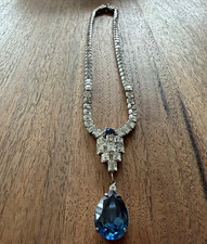 Eisenberg Ice Signed Silver Tone Blue Crystal Rhinestone Teardrop Necklace picture