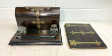 Antique 19th century brass wood English inkwell letter pen stand writing book picture