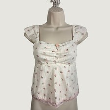 Womens Cami Top Small Cream Pink Rose Print Pointelle Lace Trim Coquette Romwe picture