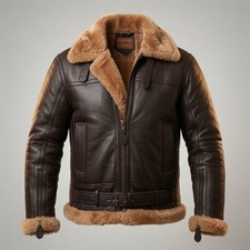 Mens B3 Bomber Real Shearling Sheepskin Aviator Flight Brown Leather Jacket USA picture