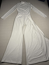 Retro Stage 60’s Jumpsuit Womens Medium White Robe Leg Pleated Rib LS Zip NWOT picture