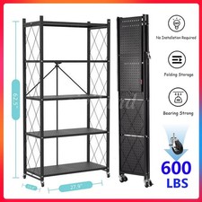 4/5-Tier Heavy-Duty Storage Rack Foldable Shelving Wheels Kitchen & Garage Metal picture