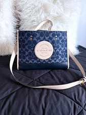 Coach Blue/Beige Logo Pattern Tote Bag Detachable Strap Magnetic Gold HW picture