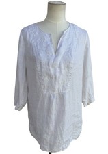 J. Jill Love Linen Tunic Top Womens Medium White Embroidered 3/4 Sleeve Summer picture