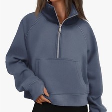 Automet Womens Mockneck QuarterZip Sweatshirt w/Thumbholes GreyBlue picture