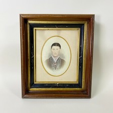 Antique 1850s Hand Painted Salt Print Victorian Folk Portrait Mounted Framed picture