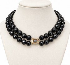 AA Black Onyx Double Strand Necklace Antique 10K Gold Victorian Hairwork Clasp picture