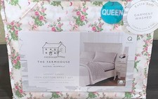 THE FARMHOUSE by Rachel Ashwell Queen Sheet Set White w/Pink &Green Floral Print picture