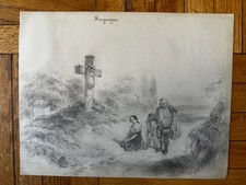 Antique 19th Century Graphite Drawing Pilgrims Cross Belgium Ernest Slingeneyer picture