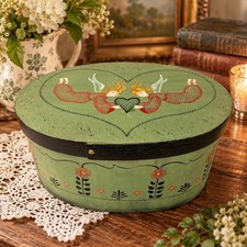 Vintage 1992 Hand Painted Bentwood Oval Box Folk Art Angels Floral 15