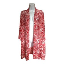 Susan Graver Women's Open Front 3/4 Sleeve Lightweight Cardigan Size L Red White picture