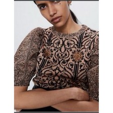 Zara black and beige ornate floral and scrollwork pattern blouse puff sleeve S picture