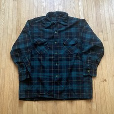 Vintage 50s 60s Pendleton Wool Loop Collar Board Shirt Flannel Green Sz L picture