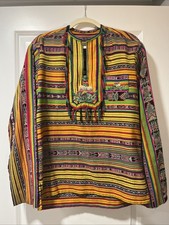 Vintage Guatemalan Huipil Top Shirt Hand Woven Embroidered Rainbow Stripe Fringe picture